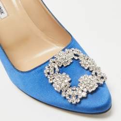 Manolo Blahnik Blue Satin Hangisi Crystal Embellished Pointed Toe Pumps Size 39.5