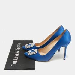 Manolo Blahnik Blue Satin Hangisi Crystal Embellished Pointed Toe Pumps Size 39.5