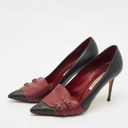 Pre Owned Manolo Blahnik Black/Burgundy Leather Cajada Pointed Toe Pumps Size 38
