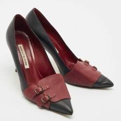 Pre Owned Manolo Blahnik Black/Burgundy Leather Cajada Pointed Toe Pumps Size 38