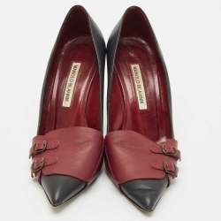 Pre Owned Manolo Blahnik Black/Burgundy Leather Cajada Pointed Toe Pumps Size 38