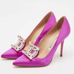 Manolo Blahnik Fuschia Satin Crystal Embellished Borlak Pumps Size 36