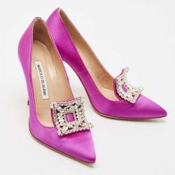 Manolo Blahnik Fuschia Satin Crystal Embellished Borlak Pumps Size 36