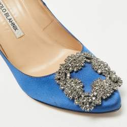 Manolo Blahnik Blue Satin Hangisi Crystal Embellished Pumps Size 36