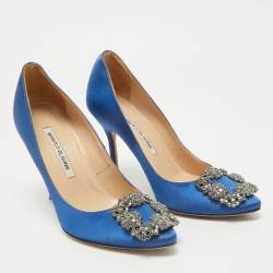 Manolo Blahnik Blue Satin Hangisi Crystal Embellished Pumps Size 36