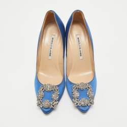 Manolo Blahnik Blue Satin Hangisi Crystal Embellished Pumps Size 36
