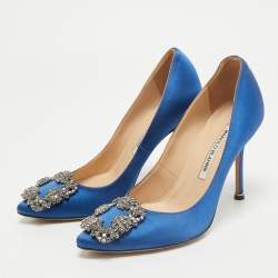 Manolo Blahnik Blue Satin Hangisi Crystal Embellished Pumps Size 36