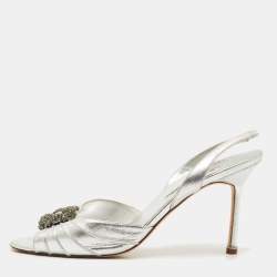 Manolo Blahnik Silver Leather Cassia Slingback Sandals Size 41