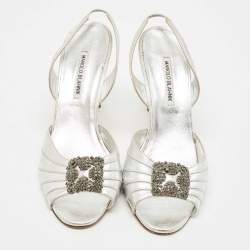 Manolo Blahnik Silver Leather Cassia Slingback Sandals Size 41