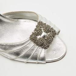 Manolo Blahnik Silver Leather Cassia Slingback Sandals Size 41