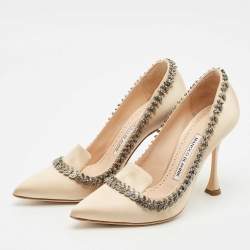 Manolo Blahnik Beige Satin Trionfa Pumps Size 37