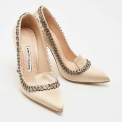 Manolo Blahnik Beige Satin Trionfa Pumps Size 37