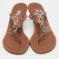 Pre Owned Manolo Blahnik Brown Leather Crystal Embellished Thong Slide Sandals Size 36.5