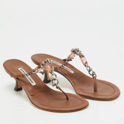 Pre Owned Manolo Blahnik Brown Leather Crystal Embellished Thong Slide Sandals Size 36.5