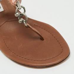 Pre Owned Manolo Blahnik Brown Leather Crystal Embellished Thong Slide Sandals Size 36.5