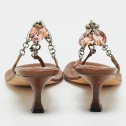 Pre Owned Manolo Blahnik Brown Leather Crystal Embellished Thong Slide Sandals Size 36.5