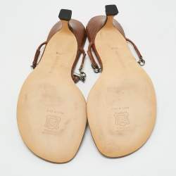 Pre Owned Manolo Blahnik Brown Leather Crystal Embellished Thong Slide Sandals Size 36.5