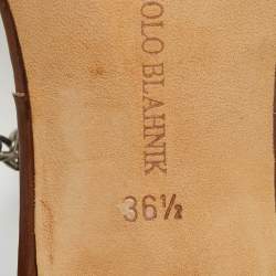 Pre Owned Manolo Blahnik Brown Leather Crystal Embellished Thong Slide Sandals Size 36.5