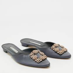 Manolo Blahnik Grey Satin Hangisi Flat Mules Size 39