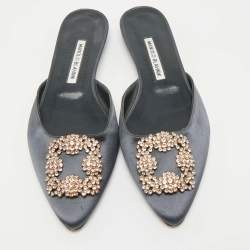 Manolo Blahnik Grey Satin Hangisi Flat Mules Size 39