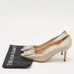 Manolo Blahnik Light Grey Satin Hangisi Crystal Embellished Pumps Size 39.5