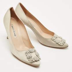 Manolo Blahnik Light Grey Satin Hangisi Crystal Embellished Pumps Size 39.5