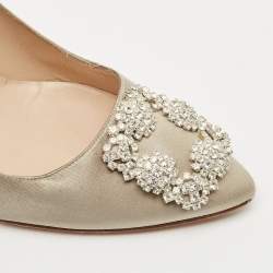 Manolo Blahnik Light Grey Satin Hangisi Crystal Embellished Pumps Size 39.5