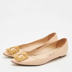 Pre Owned Manolo Blahnik Peach Leather Hangisi Ballet Flats Size 39.5