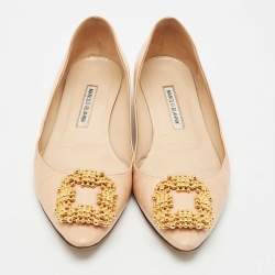 Pre Owned Manolo Blahnik Peach Leather Hangisi Ballet Flats Size 39.5
