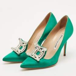 Manolo Blahnik Green Satin Borlak Crystal Embellished Pumps Size 34.5