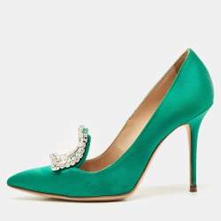 Manolo Blahnik Green Satin Borlak Crystal Embellished Pumps Size 34.5