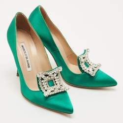 Manolo Blahnik Green Satin Borlak Crystal Embellished Pumps Size 34.5