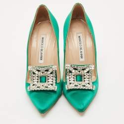Manolo Blahnik Green Satin Borlak Crystal Embellished Pumps Size 34.5