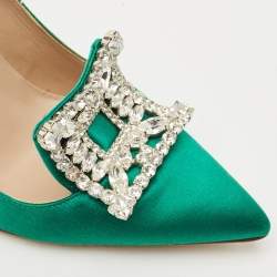 Manolo Blahnik Green Satin Borlak Crystal Embellished Pumps Size 34.5