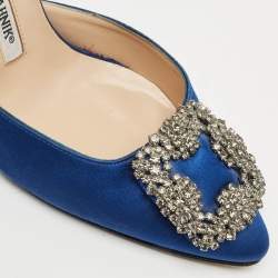 Manolo Blahnik Blue Satin Crystal Buckle Hangisi Mules Size 36