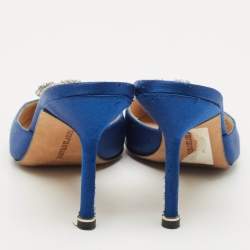 Manolo Blahnik Blue Satin Crystal Buckle Hangisi Mules Size 36