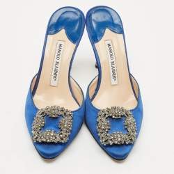 Manolo Blahnik Blue Satin Crystal Buckle Hangisi Mules Size 36