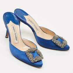 Manolo Blahnik Blue Satin Crystal Buckle Hangisi Mules Size 36
