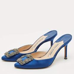 Manolo Blahnik Blue Satin Crystal Buckle Hangisi Mules Size 36