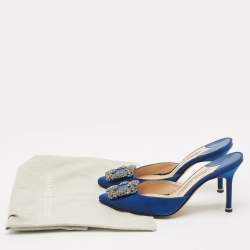 Manolo Blahnik Blue Satin Crystal Buckle Hangisi Mules Size 36
