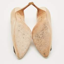 Pre Owned Manolo Blahnik Beige Satin Hangisi Crystal Embellished Pumps Size 41