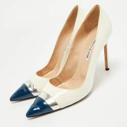 Pre Owned Manolo Blahnik Off White/Navy Blue Patent Leather Pointed Toe Pumps Size 40.5