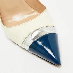 Pre Owned Manolo Blahnik Off White/Navy Blue Patent Leather Pointed Toe Pumps Size 40.5