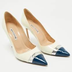 Pre Owned Manolo Blahnik Off White/Navy Blue Patent Leather Pointed Toe Pumps Size 40.5