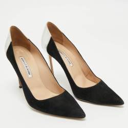 Pre Owned Manolo Blahnik Silver/Black Leather and Suede Osmana Pointed Toe Pumps Size 39.5