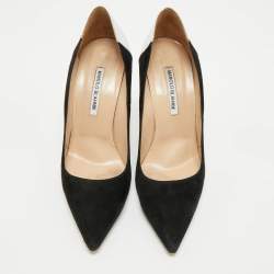 Pre Owned Manolo Blahnik Silver/Black Leather and Suede Osmana Pointed Toe Pumps Size 39.5