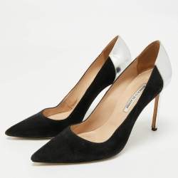 Pre Owned Manolo Blahnik Silver/Black Leather and Suede Osmana Pointed Toe Pumps Size 39.5