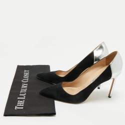 Pre Owned Manolo Blahnik Silver/Black Leather and Suede Osmana Pointed Toe Pumps Size 39.5