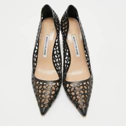 Pre Owned Manolo Blahnik Black Laser Cut Leather Pointed Toe Pumps Size 40