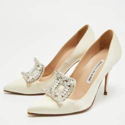 Pre Owned Manolo Blahnik Cream Satin Crystal Embellished Borlak Pumps Size 34